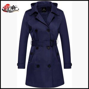 Waterproof Trench Coat with Removable Hood Double Breasted Belted Overcoat
